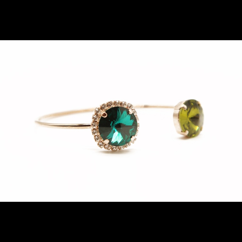 Gold Open Cuff Bracelet | Emerald Olive Crystal Halo Bangle | Statement Jewelry - Picture 4 of 4